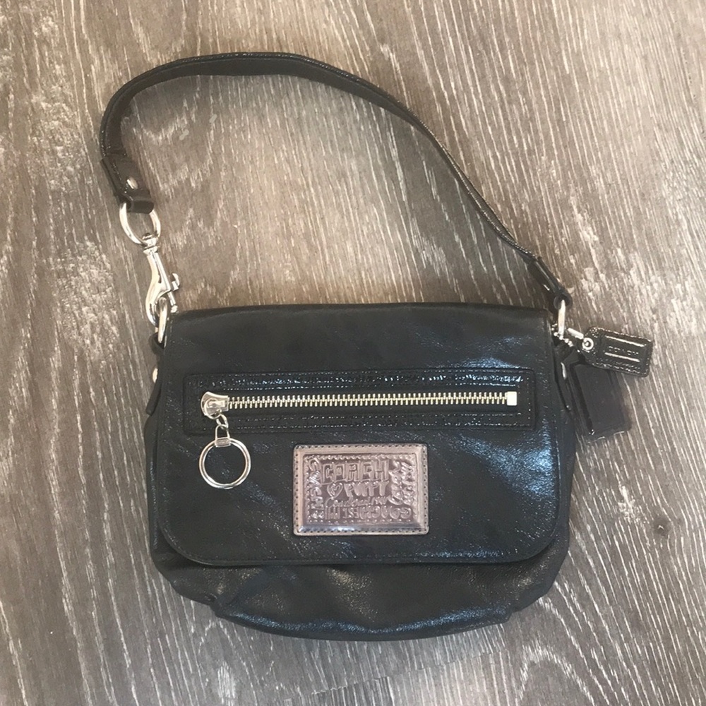 Coach Black Leather Wristlet Clutch with Silver Hardware